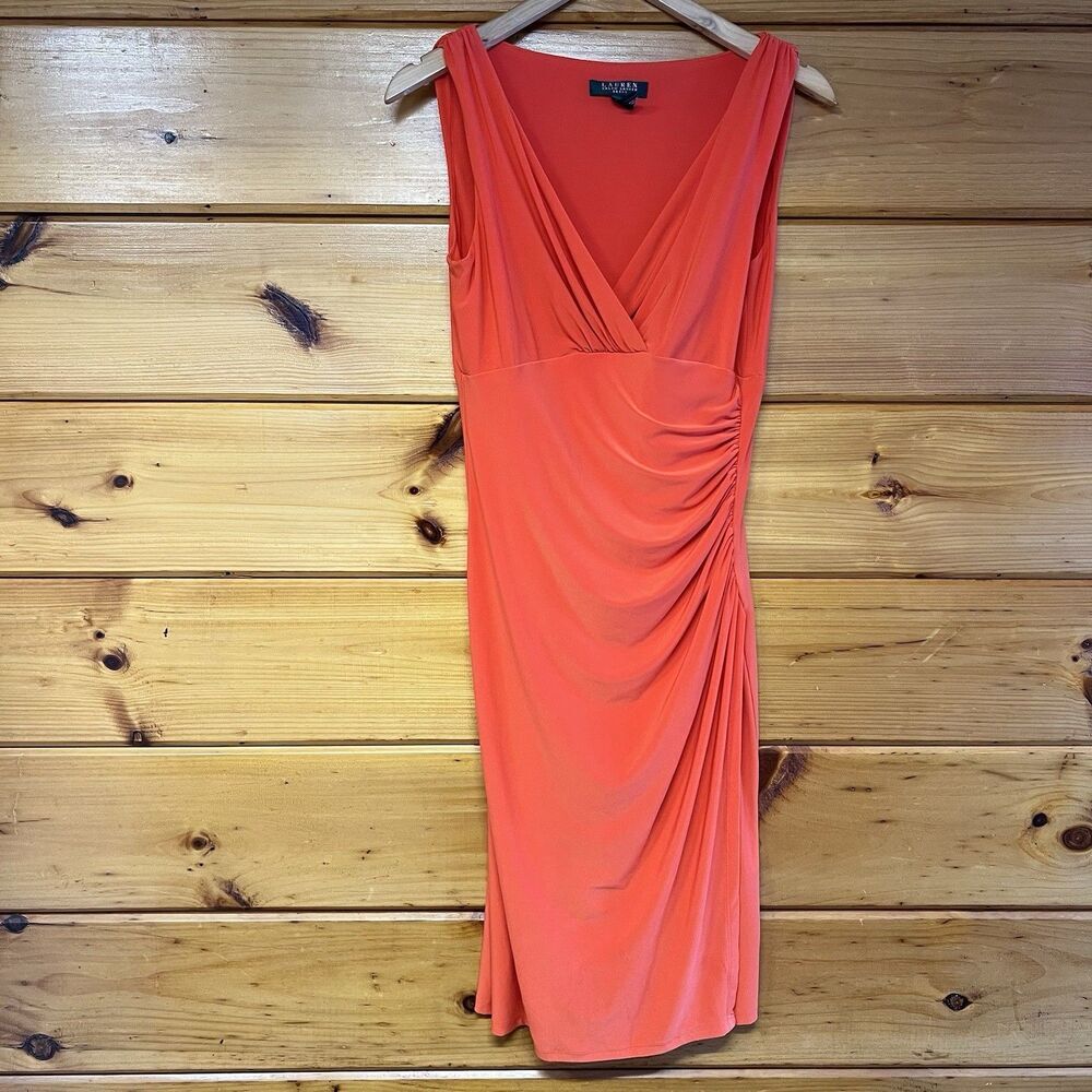 Ralph Lauren Feminine Orange Ruched Cocktail Faux Wrap Midi Flowy  Dress Size 8